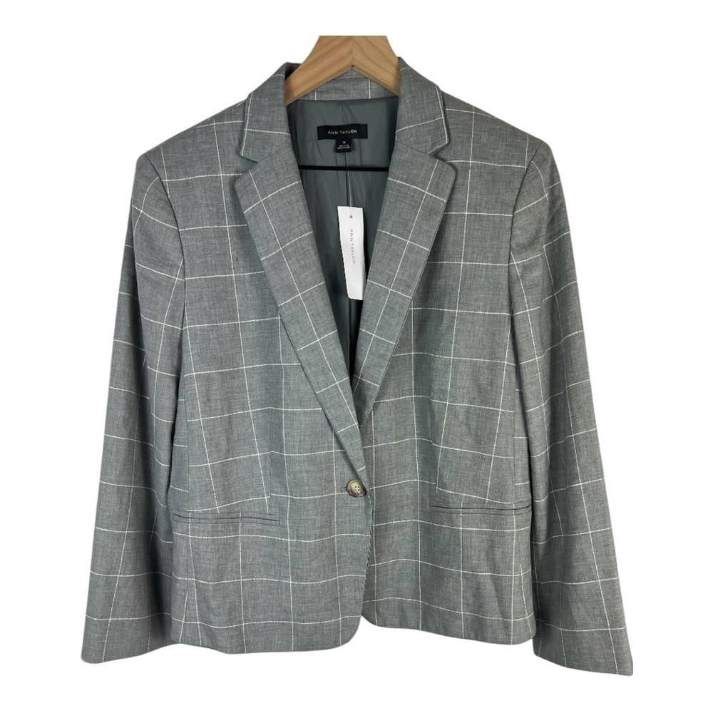 Ann Taylor Sz 14 Grey Windowpane “Newbury” Linen Blend One Button Blazer NWT